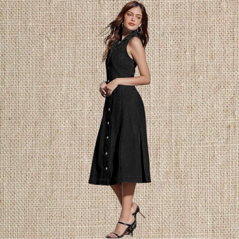 Black Button-Down Midi Dress